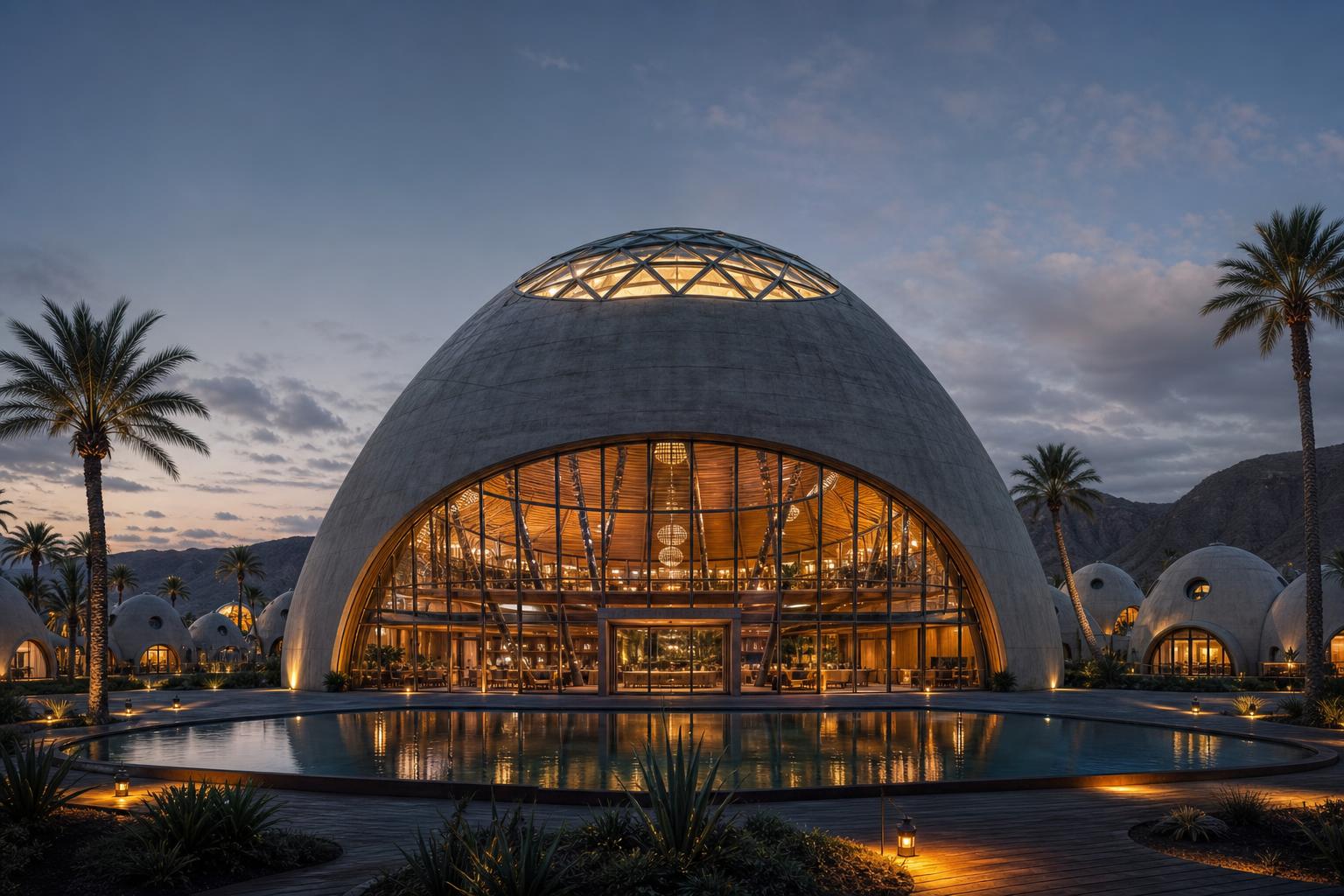 TerraSphere Community Hub illuminated at dusk with reflecting pool