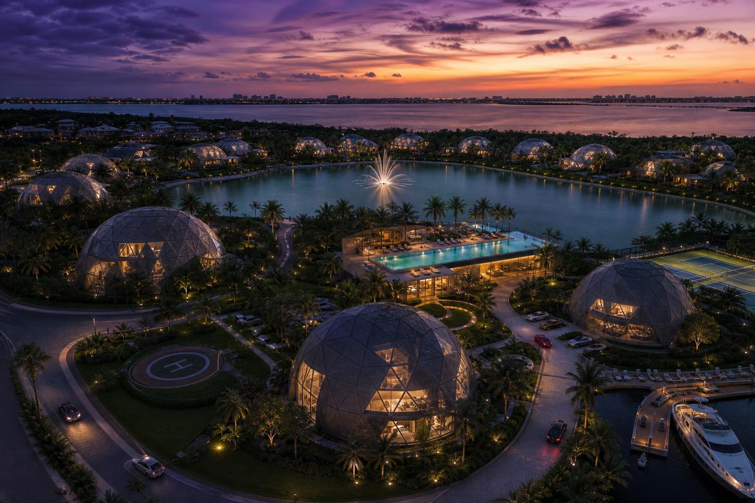 Estate-tier TerraSphere community at twilight with private lake and marina