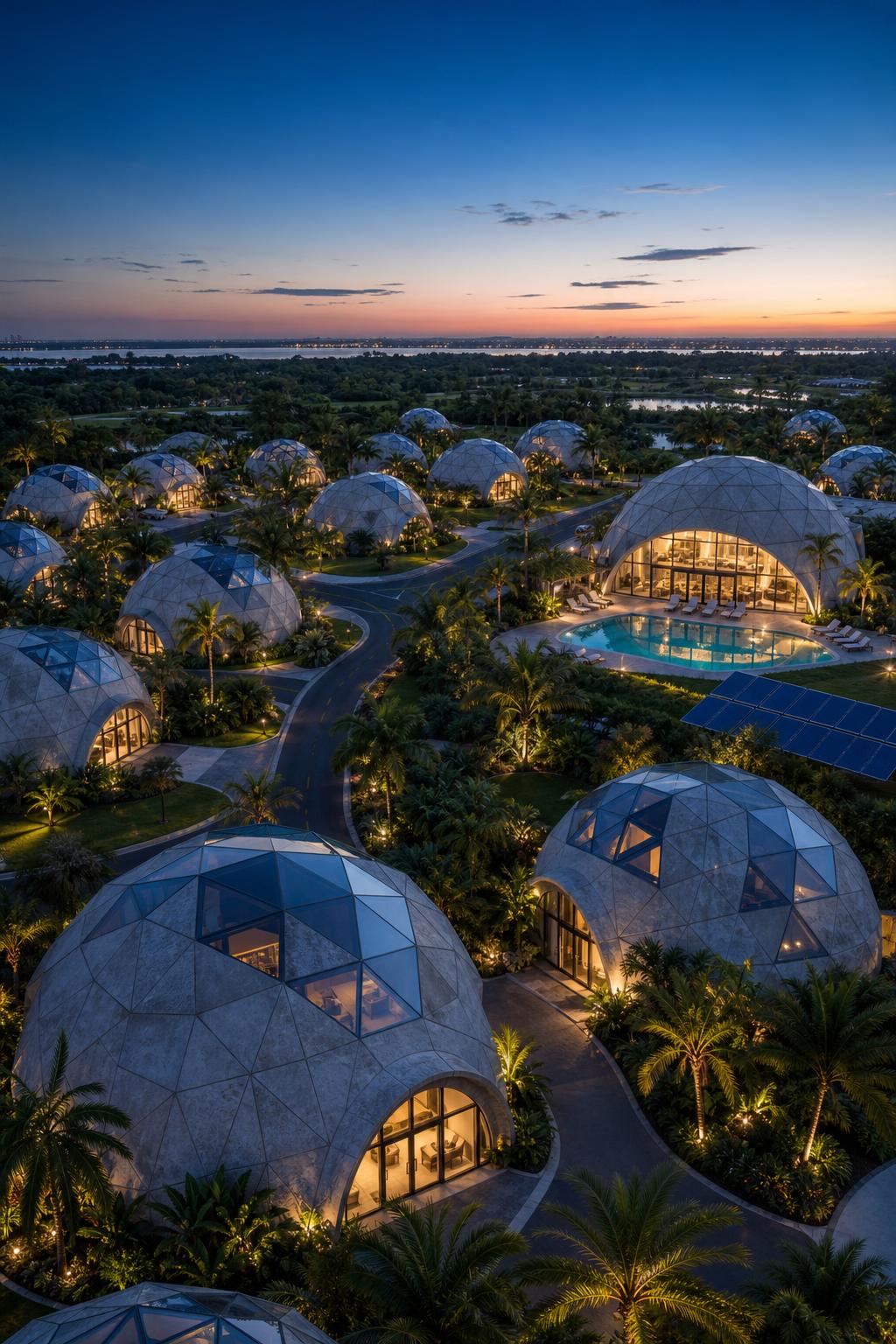 A monolithic concrete dome residence at golden hour, set in a green meadow